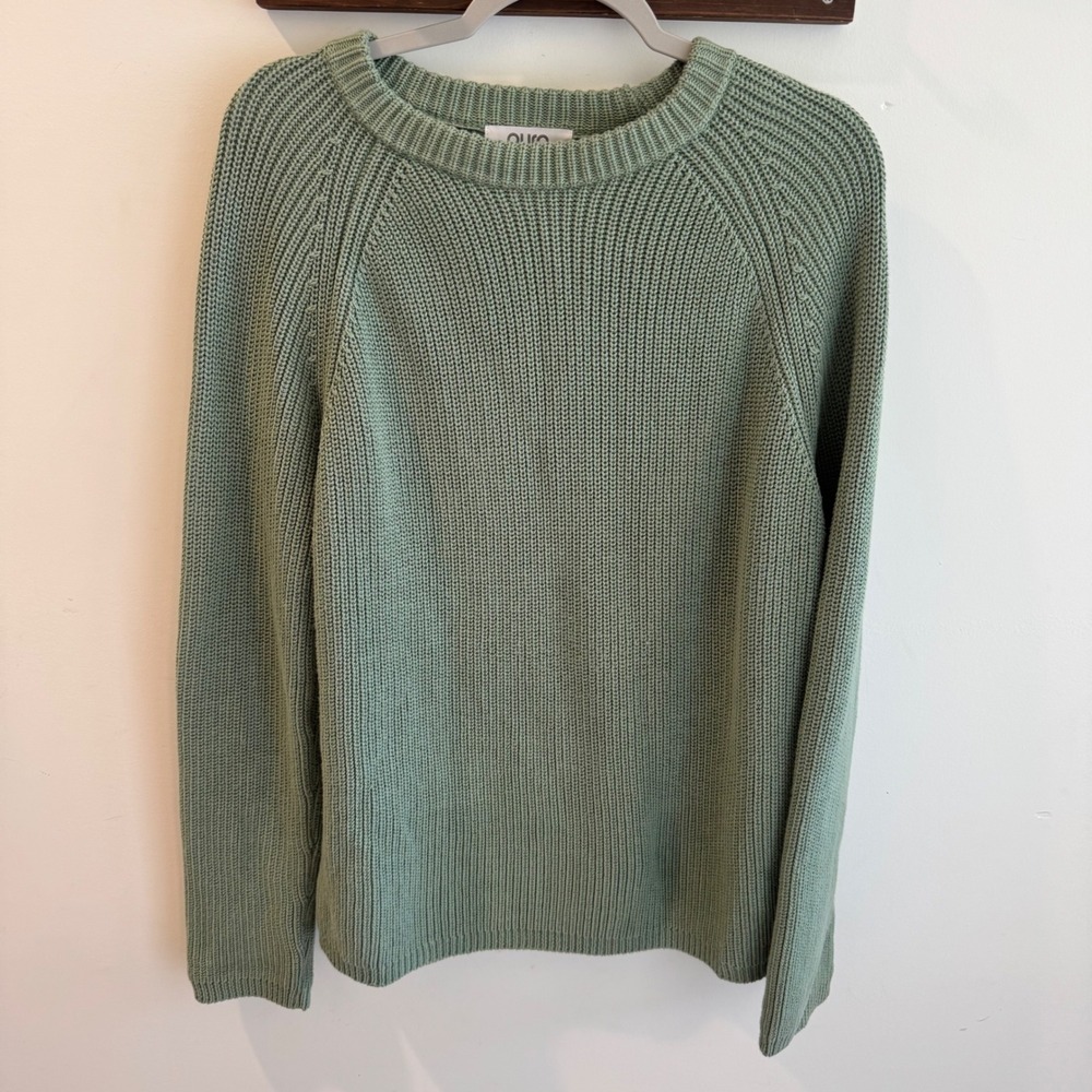 Pura Cashmere Sage Green 100% Supima Cotton Fisherman Ribbed Crew Sweater XL